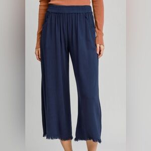 Umgee Navy Wide-Leg Cropped linen cotton blend Pants casual capsule basics